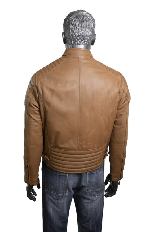 Men's Tan Leather Biker Jacket - Image 5