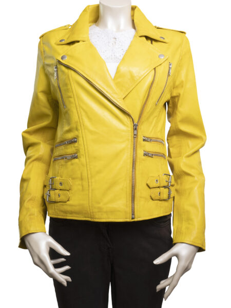 Ladies Yellow Leather Biker Jacket