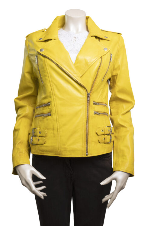 Ladies Yellow Leather Biker Jacket