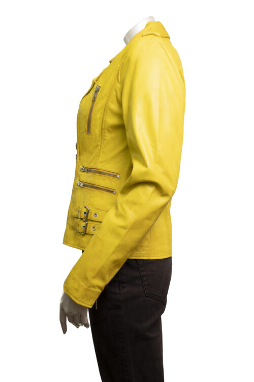 Ladies Yellow Leather Biker Jacket - Image 7