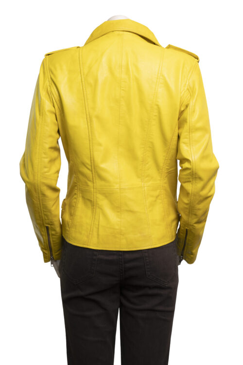 Ladies Yellow Leather Biker Jacket - Image 2