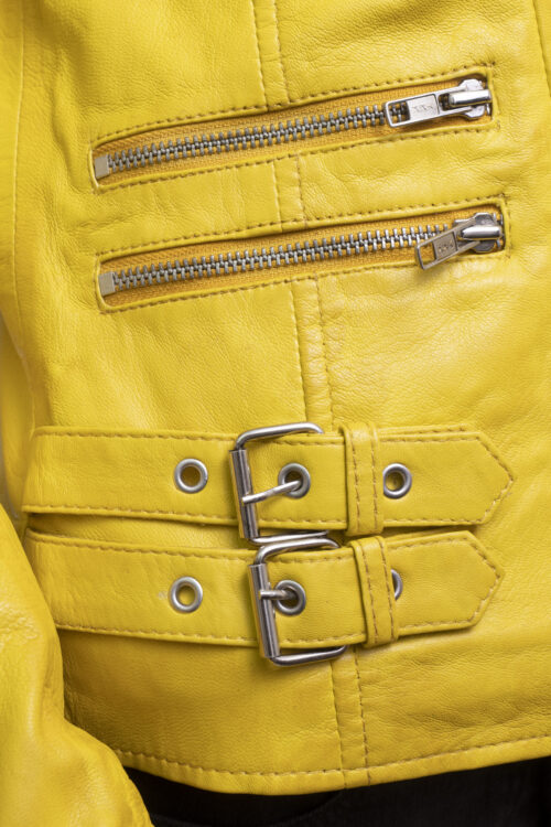 Ladies Yellow Leather Biker Jacket - Image 5