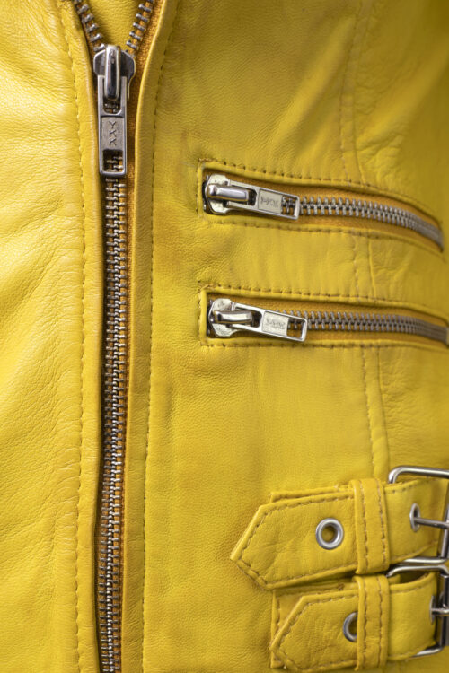Ladies Yellow Leather Biker Jacket - Image 4
