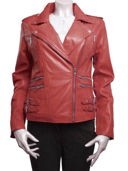 Ladies Red Leather Biker Jacket