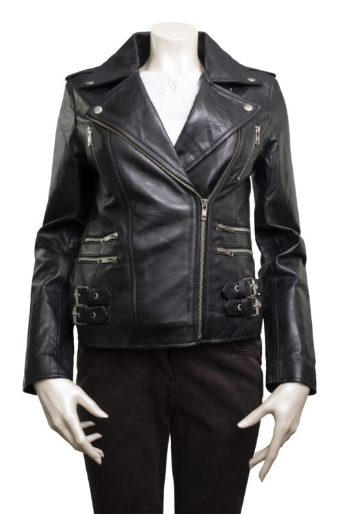 Ladies Black Leather Biker Jacket