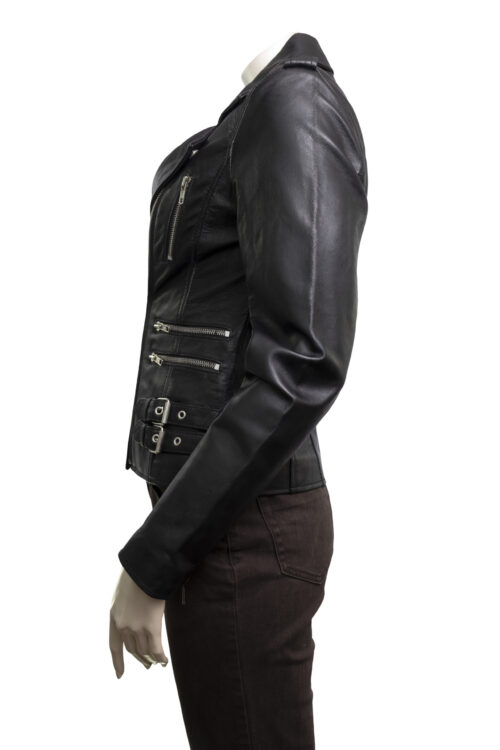 Ladies Black Leather Biker Jacket - Image 3
