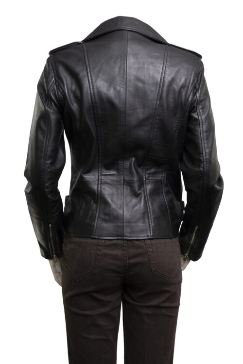 Ladies Black Leather Biker Jacket - Image 6