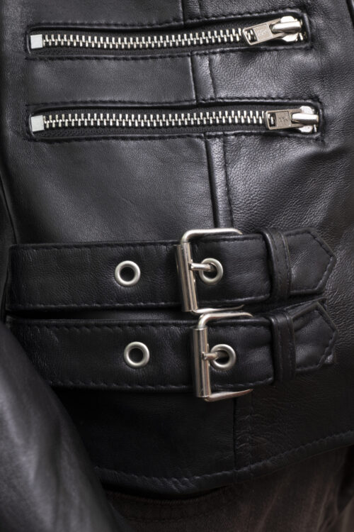 Ladies Black Leather Biker Jacket - Image 5