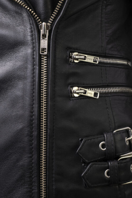 Ladies Black Leather Biker Jacket - Image 8