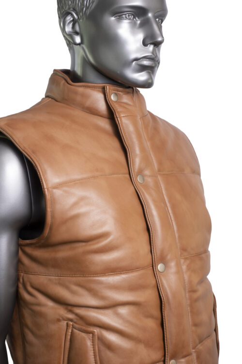 Men's Quilted Leather Gilet - Tan - Image 5