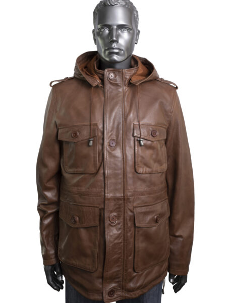 Men's Tan Leather Parka Jacket