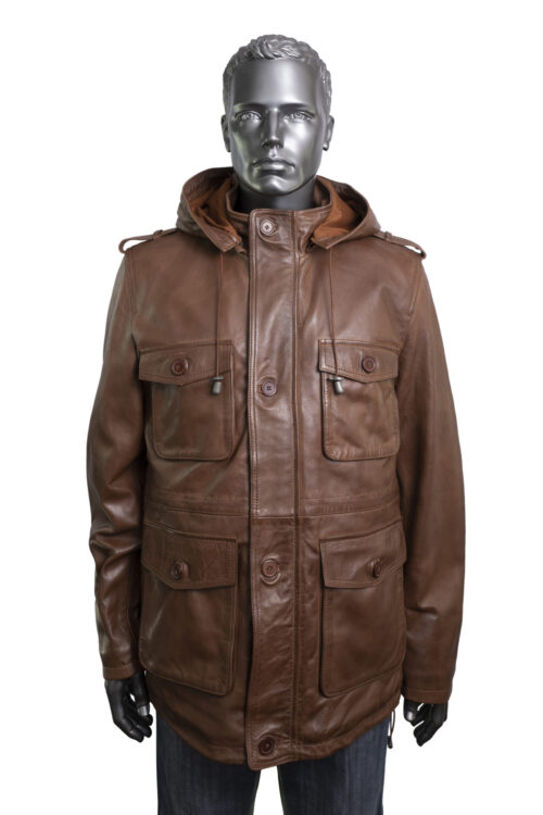 Men's Tan Leather Parka Jacket