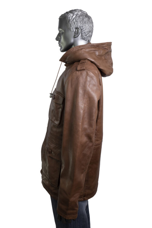 Men's Tan Leather Parka Jacket - Image 4