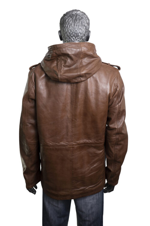 Men's Tan Leather Parka Jacket - Image 5