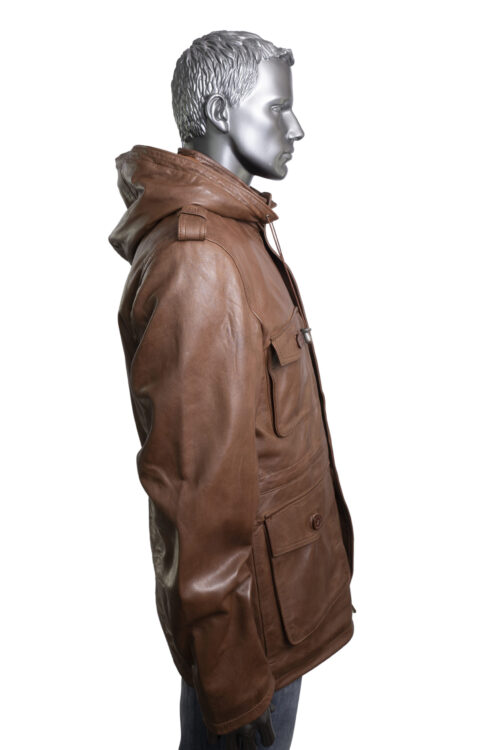 Men's Tan Leather Parka Jacket - Image 6