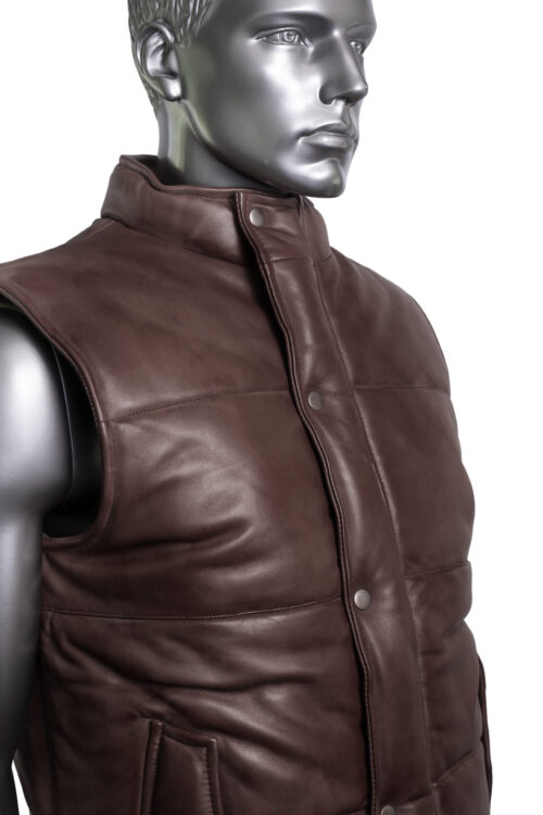 Men's Quilted Leather Gilet - Brown - Image 5