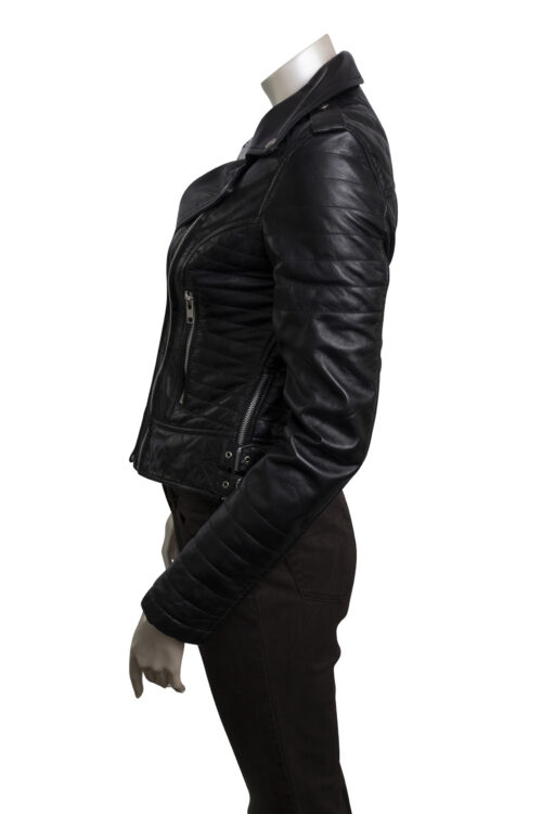 Ladies Black Leather Biker Jacket - Image 3