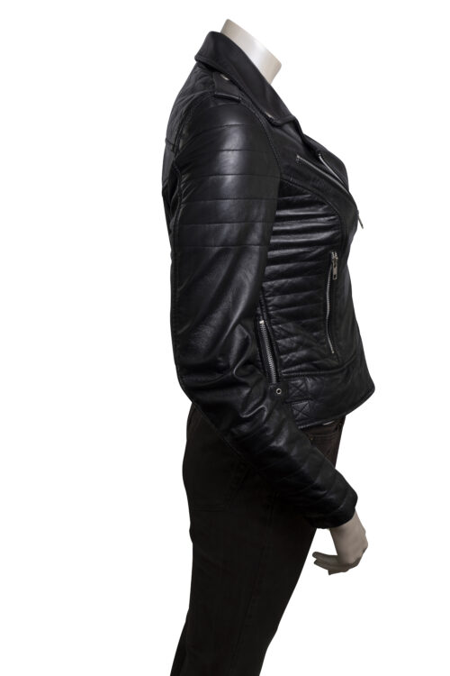 Ladies Black Leather Biker Jacket - Image 6