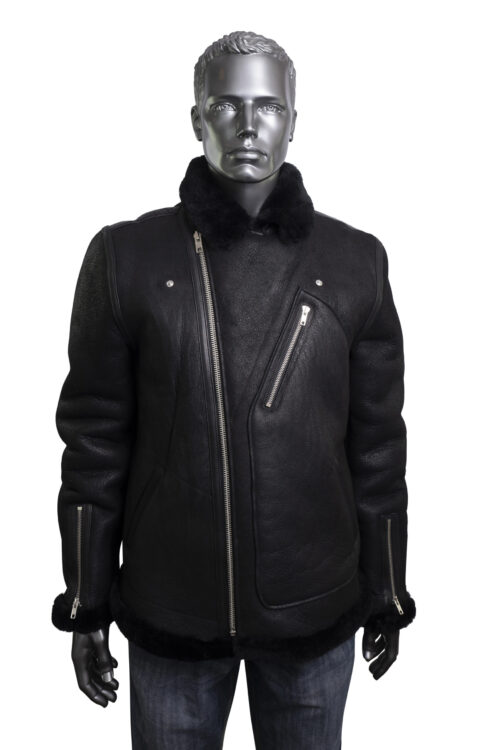 Mens Black Biker Shearling Sheepskin Jacket - Image 6
