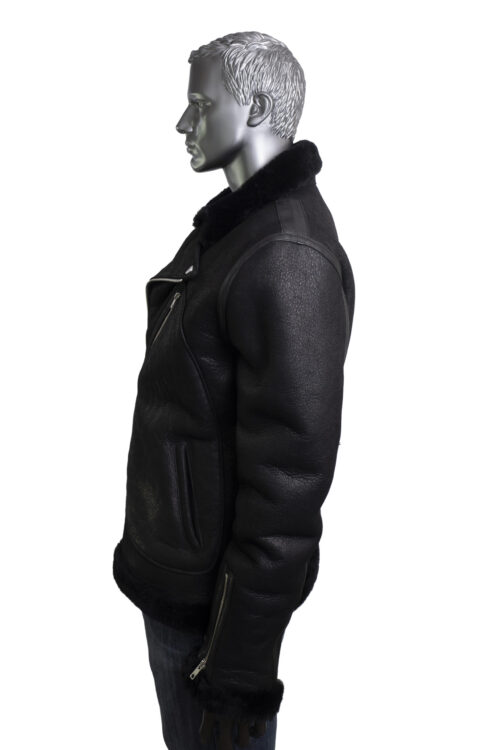 Mens Black Biker Shearling Sheepskin Jacket - Image 7