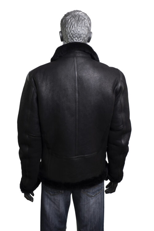 Mens Black Biker Shearling Sheepskin Jacket - Image 8