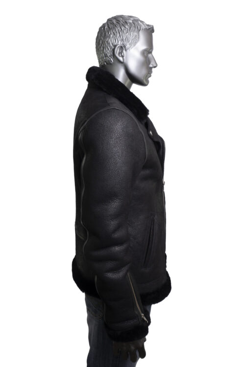 Mens Black Biker Shearling Sheepskin Jacket - Image 2