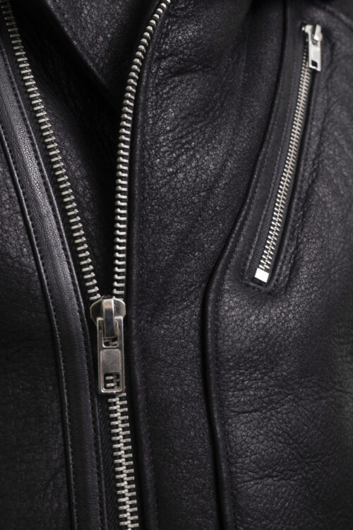 Mens Black Biker Shearling Sheepskin Jacket - Image 4
