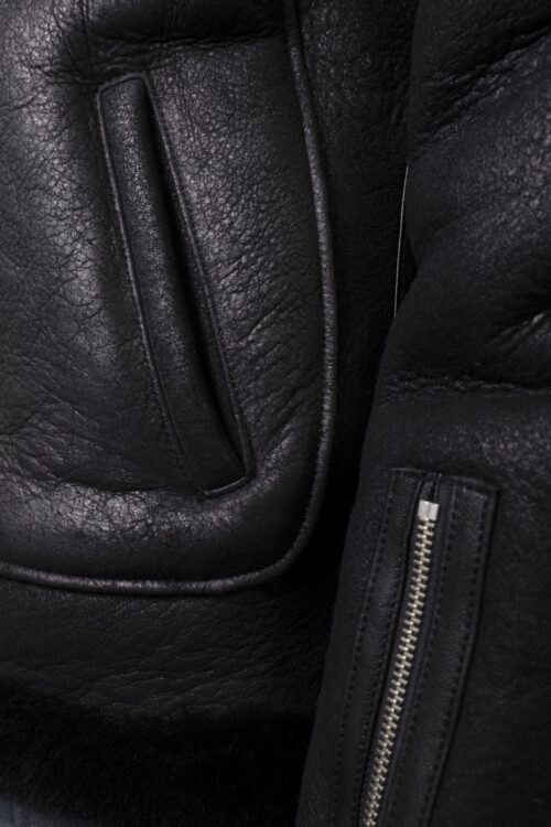 Mens Black Biker Shearling Sheepskin Jacket - Image 3