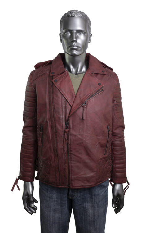 Men's Burgundy Leather Biker Jacket - Image 6