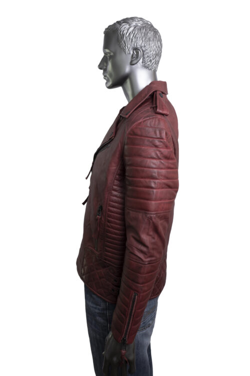 Men's Burgundy Leather Biker Jacket - Image 8