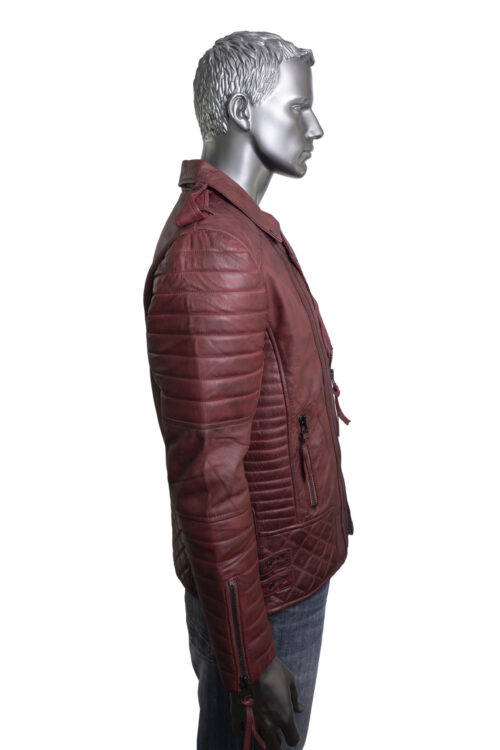 Men's Burgundy Leather Biker Jacket - Image 2