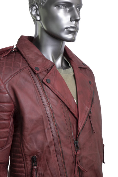 Men's Burgundy Leather Biker Jacket - Image 3