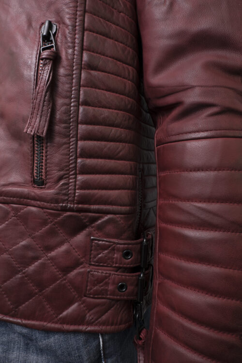 Men's Burgundy Leather Biker Jacket - Image 5
