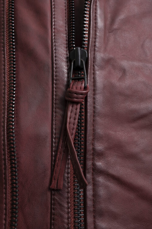 Men's Burgundy Leather Biker Jacket - Image 4